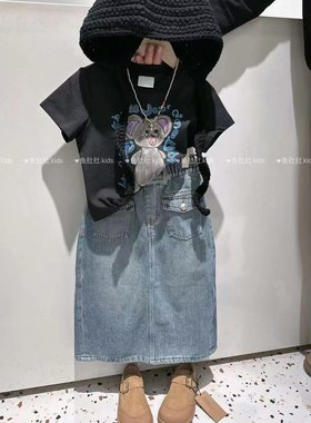 现货。韩国童装2024夏女休闲百搭中长款包裙时尚前口袋牛仔半身裙