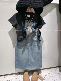 现货。韩国童装2024夏女休闲百搭中长款包裙时尚前口袋牛仔半身裙