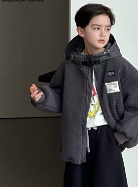 波拉韩国童装2025冬女童潮酷字母标连帽外套男童洋气拼接皮毛一体