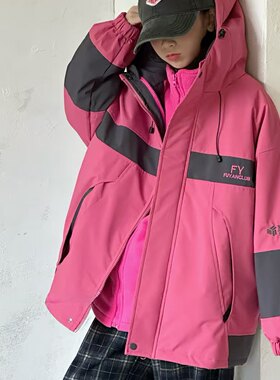 波拉韩国童装25冬男童连帽冲锋衣女童洋气撞色条摇粒绒二件套棉服