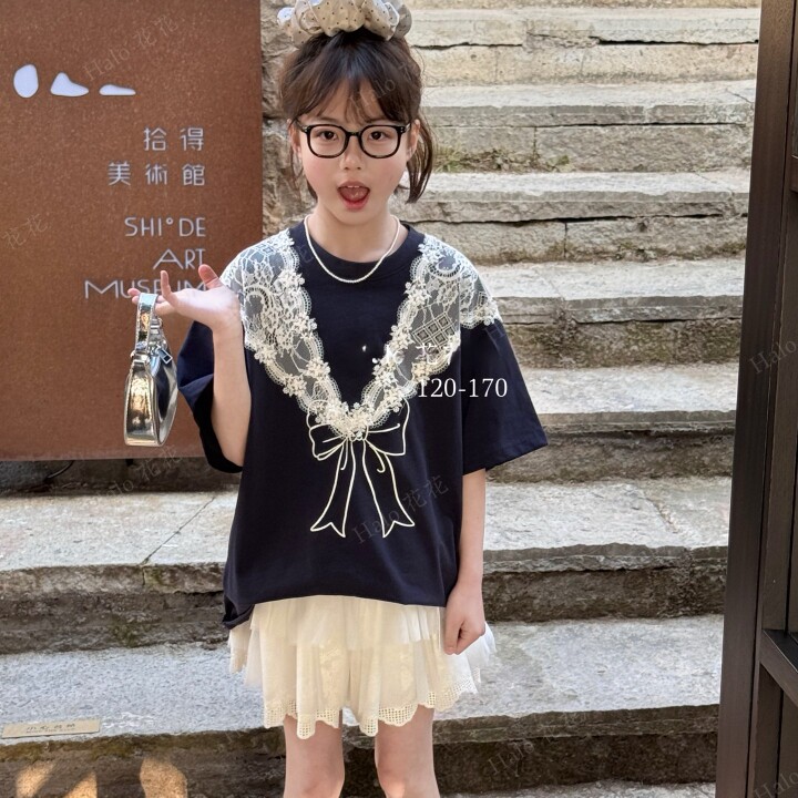 波拉韩国童装2026夏季女童宽松款短袖洋气甜美蕾丝披肩印花T恤