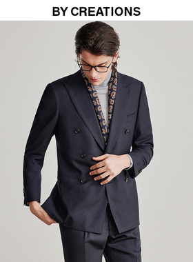 柏品纯羊毛戗驳领西装外套男秋冬复古保暖双排扣法兰绒西服单西