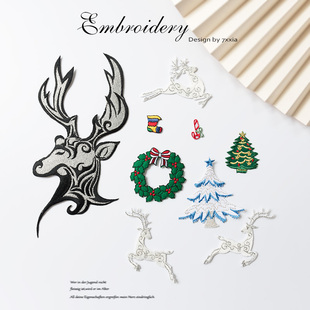 银鹿雪花刺绣对称布贴 动物儿童衣服补丁贴diy修补辅料装饰贴修补