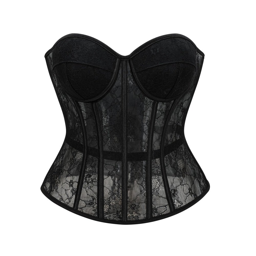 女士蕾丝刺绣塑身上衣带钢圈软杯聚拢胸衣黑丝性感corset马甲束腰