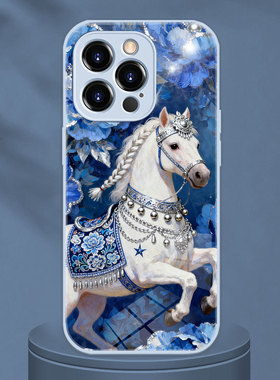 适用iphone17Promax手机壳苹果16油画苗族特色华丽蓝色牡丹马年新春喜庆VIVOS50一加Turbo6华为nova15荣耀WIN