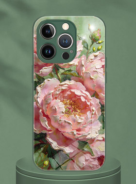 适用VIVOY500油画春日花图粉色牡丹花朵OPPOFindx9超好看国色天香苹果17手机壳iphone15华为mate70荣耀magic8