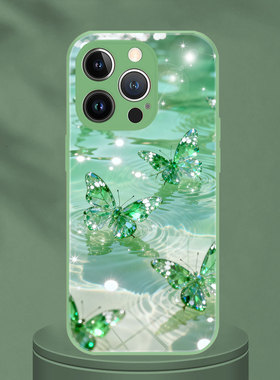 适用苹果17Pro手机壳iphone14绿色水晶蝴蝶清新梦幻OPPOreno15水上蝶舞梦境VIVOS50Promini华为mate80荣耀500