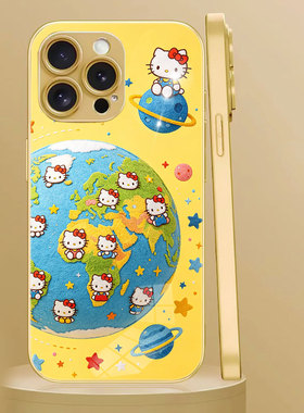 适用iphone17卡通地球HelloKitty蓝色星球KT凯蒂猫VIVOX300ultra手机壳玻璃OPPOReno15C华为mate80荣耀Power2
