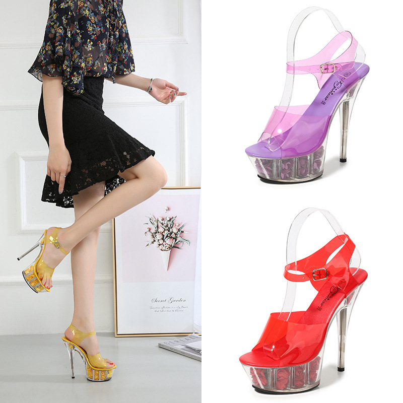 夏季性感花朵透明水晶超高跟鞋