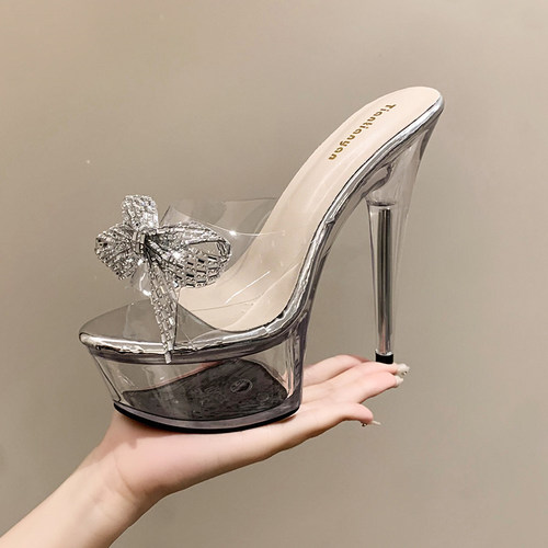一体跟15厘米超高跟鞋恨天高女大码透明细跟防水台蝴蝶结13cm拖鞋