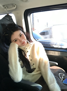 VASSE美蟹 韩版加厚羊毛拉毛纽扣高领毛衣女秋宽松显瘦百搭针织衫