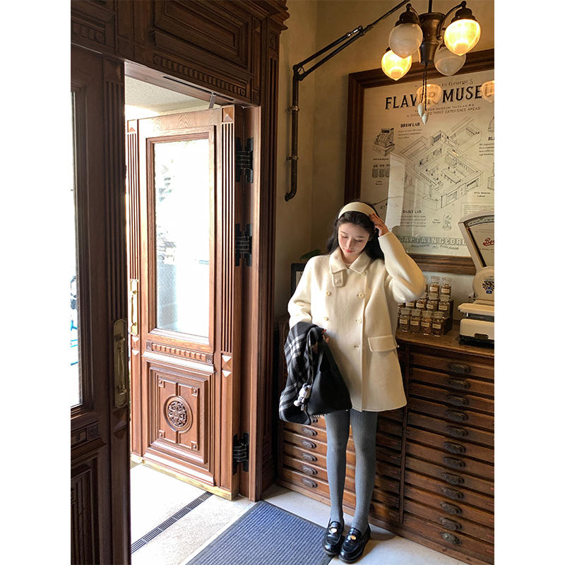 韩系白色双排扣双面羊毛大衣