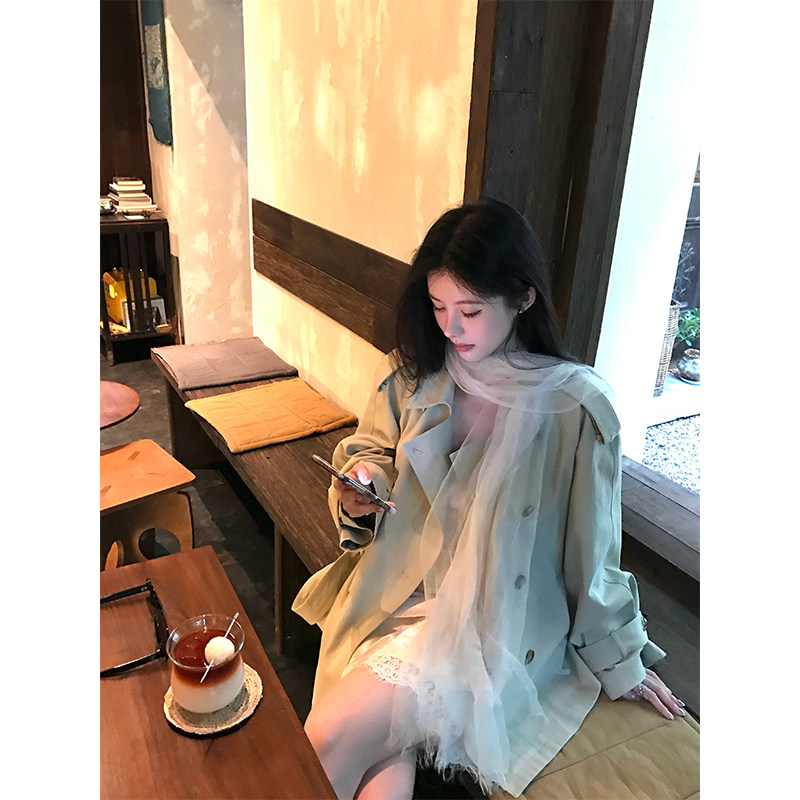 VASSE美蟹 慵懒风宽松翻领双排扣风衣女秋百搭显瘦休闲系带外套