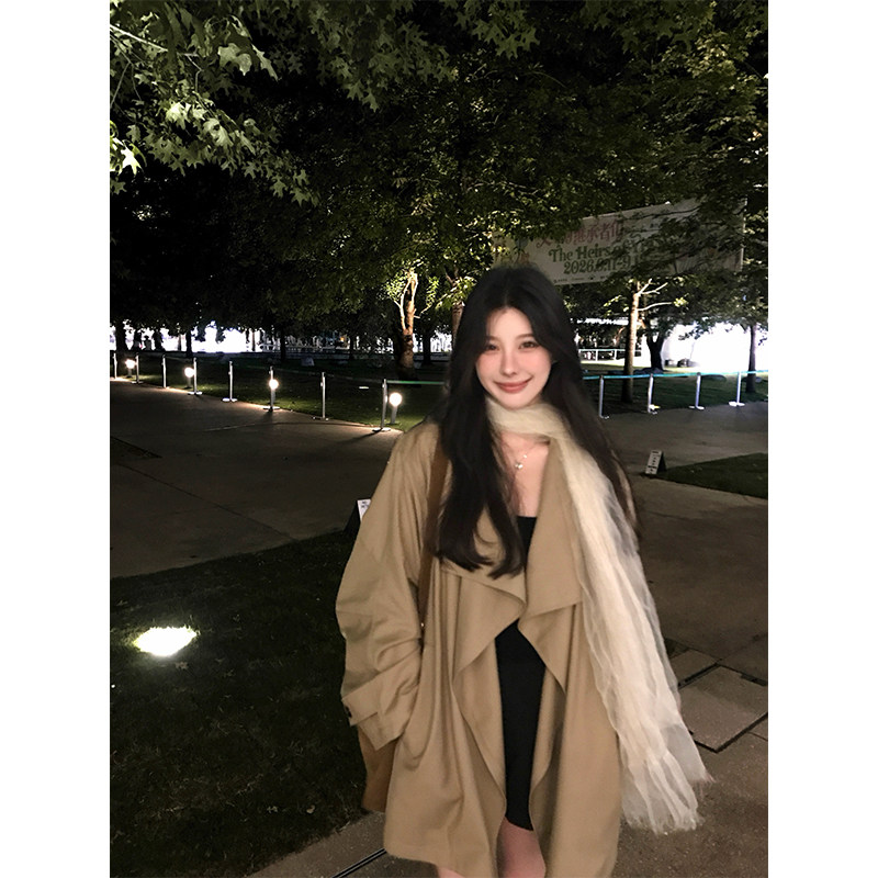 VASSE美蟹 温柔气质荡领卡其中长款风衣女秋通勤休闲宽松经典外套