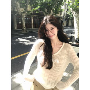 VASSE美蟹 法式百搭慵懒松弛V领针织衫女秋显瘦宽松抽绳绑带上衣