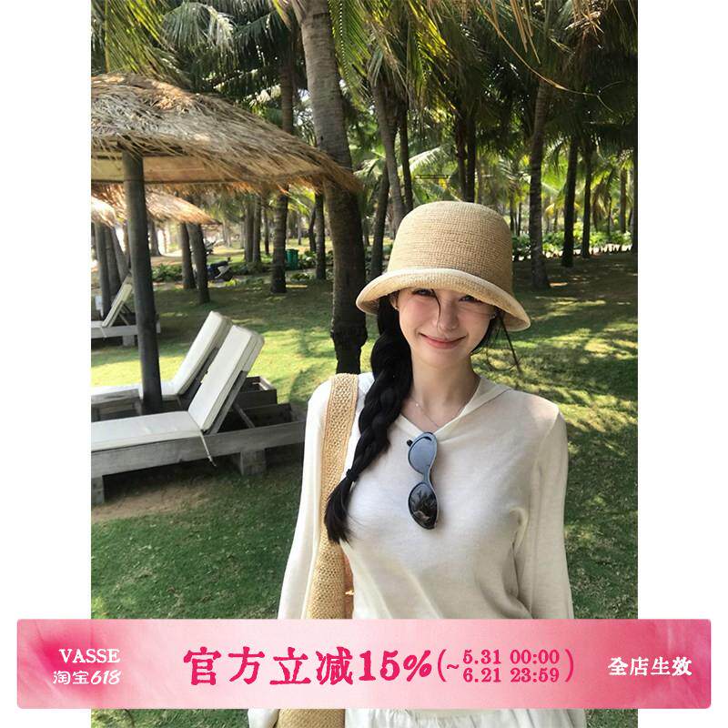 VASSE美蟹 chill感天丝亚麻薄款V领连帽防晒针织衫女透气百搭上衣