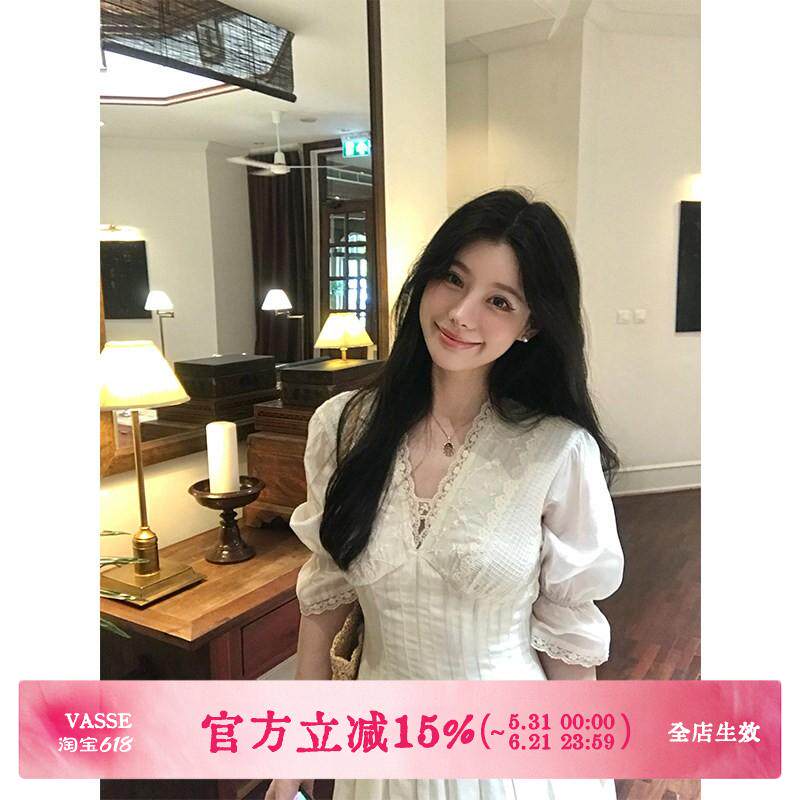 VASSE美蟹 重工刺绣蕾丝莱赛尔V领中袖连衣裙女春夏优雅收腰长裙