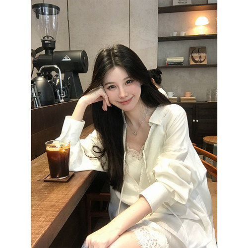 法式V领天丝亚麻宽松长袖衬衫女