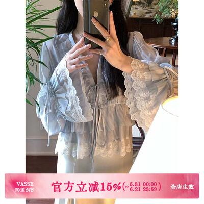 VASSE美蟹重工蕾丝V领防晒上衣