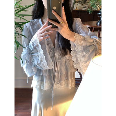 VASSE美蟹重工蕾丝V领防晒上衣