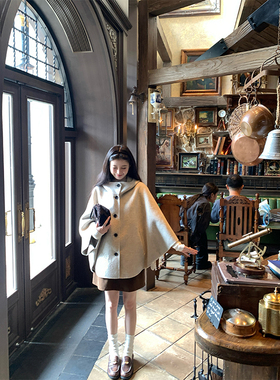 VASSE美蟹 复古小魔女双面羊毛宽松连帽斗篷大衣慵懒温柔毛呢外套