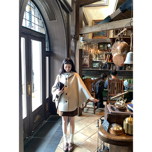 VASSE美蟹 复古小魔女双面羊毛宽松连帽斗篷大衣慵懒温柔毛呢外套