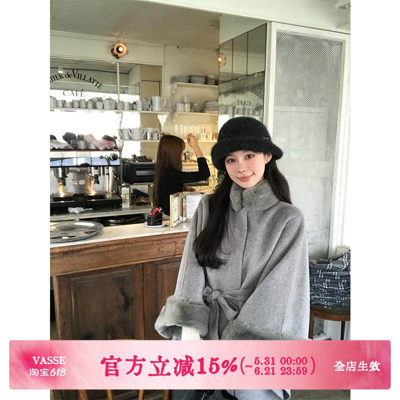 VASSE美蟹 日系千金獭兔毛立领全羊毛双面斗篷女秋宽松毛呢外套