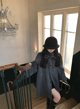 VASSE 日系千金蝴蝶结立领双面羊毛宽松大衣女秋温柔显瘦毛呢外套