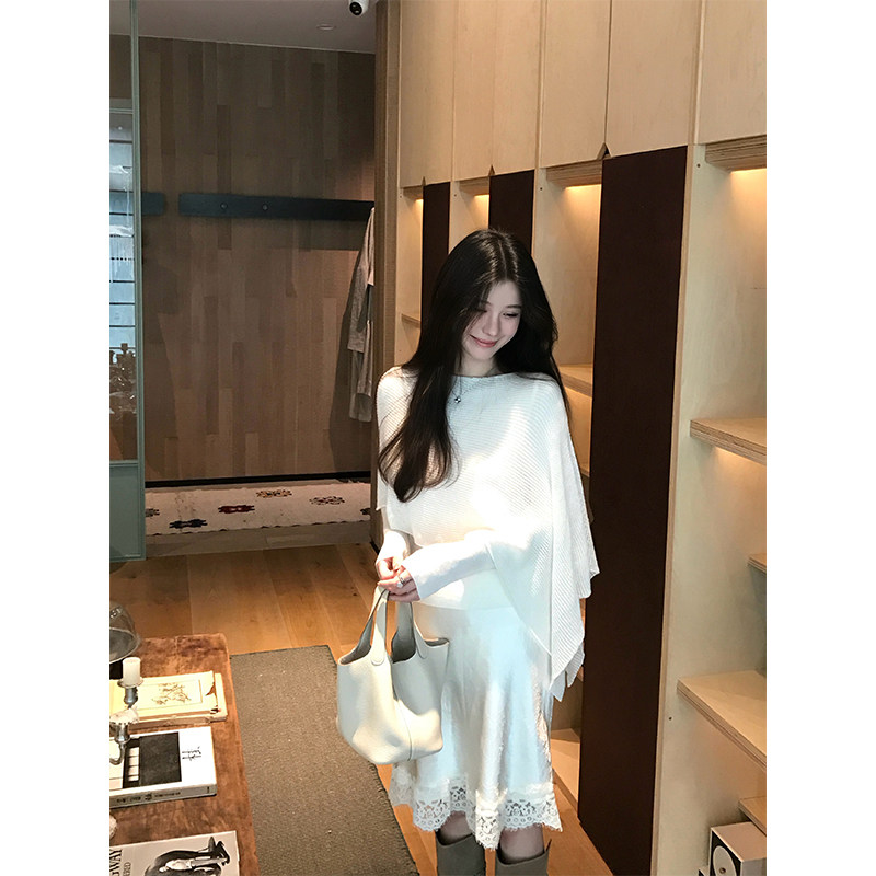 VASSE美蟹温柔百搭羊毛混纺斗篷针织女弹力不规则假两件肌理上衣