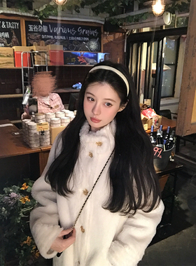 VASSE美蟹 冬日温柔软fufu羊毛立领羊羔毛女秋直筒保暖中长款外套