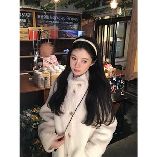 VASSE美蟹 冬日温柔软fufu羊毛立领羊羔毛女秋直筒保暖中长款外套