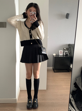 VASSE美蟹黑色高腰格子百褶裙子女夏季新款小个子显瘦A字半身短裙