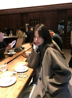 VASSE美蟹定染灰绿色松弛立领双面羊毛大衣女秋宽松显瘦毛呢外套