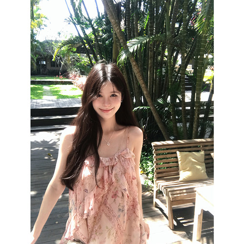 VASSE美蟹度假风粉色荷叶边印花吊带女夏甜美少女感垂坠显瘦上衣