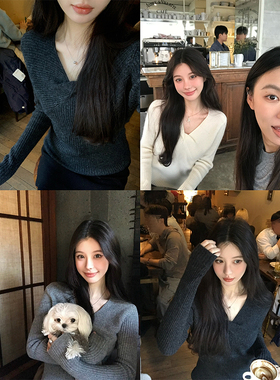 VASSE美蟹 简约韩系V领纽结羊毛打底女秋冬修身百搭慵懒长袖毛衣