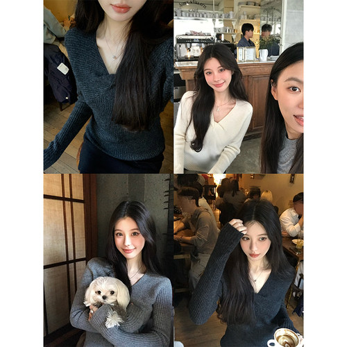 V领纽结羊毛打底毛衣女