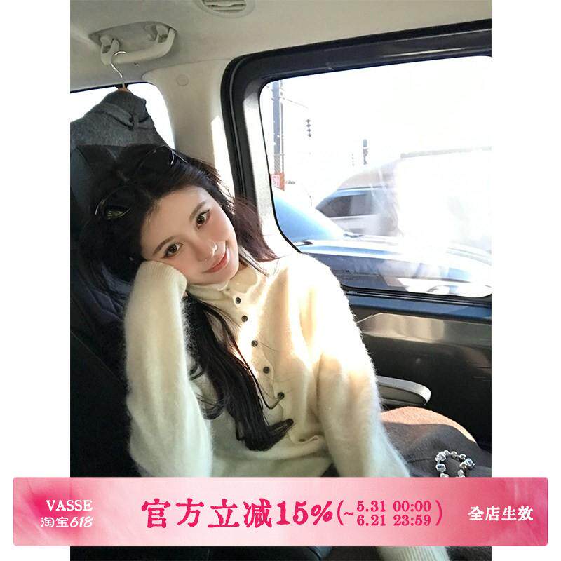 VASSE美蟹 韩版加厚羊毛拉毛纽扣高领毛衣女秋宽松显瘦百搭针织衫