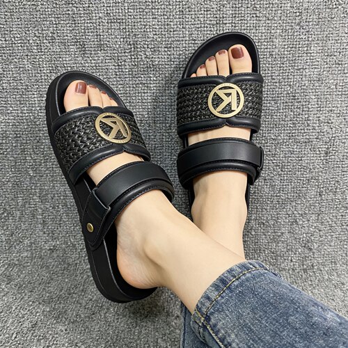 夏季新款里外全羊皮编织罗马凉鞋女厚底增高休闲百搭女鞋