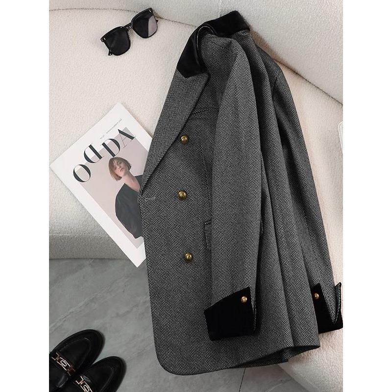 胖mm人字纹小西装外套女秋冬2025新款韩版西服宽松复古格子职业装