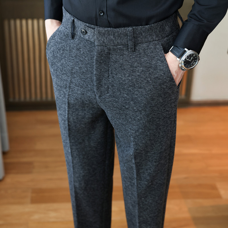 高端西裤男冬季加厚裤子男商务休闲裤男修身直筒抓绒男裤1129w