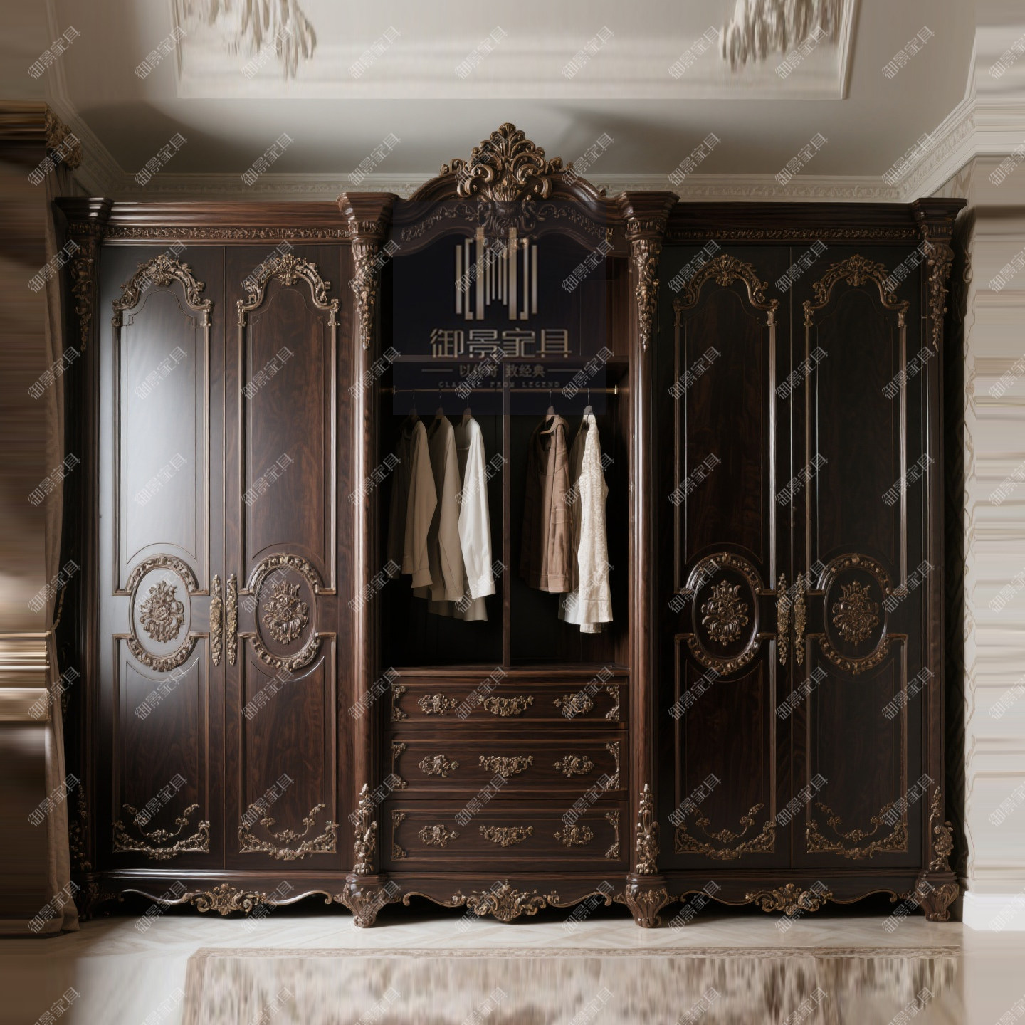 法式实木衣柜欧式古典雕花橱柜卧室储物柜哥特风衣帽间收纳柜定制