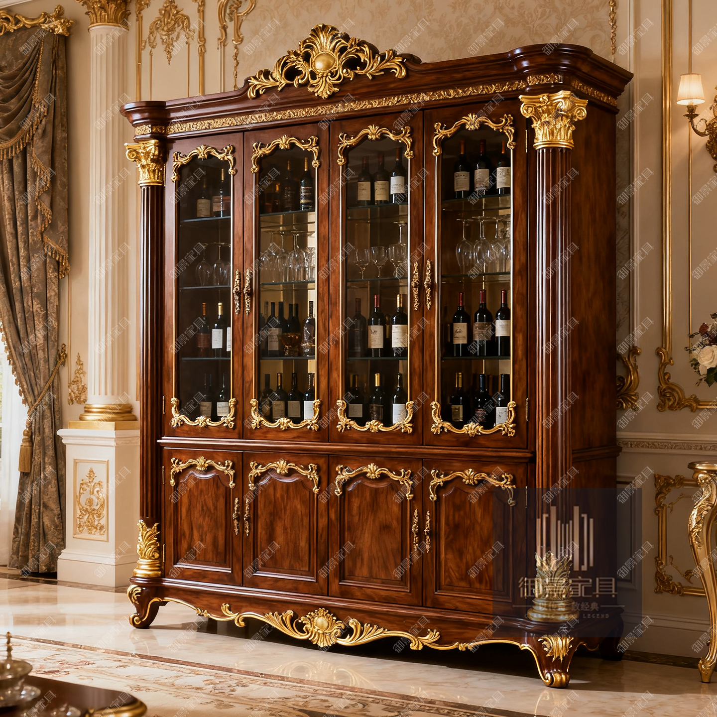 法式实木酒柜欧式古典雕花四门展示柜美式描金烤漆装饰柜陈列柜子