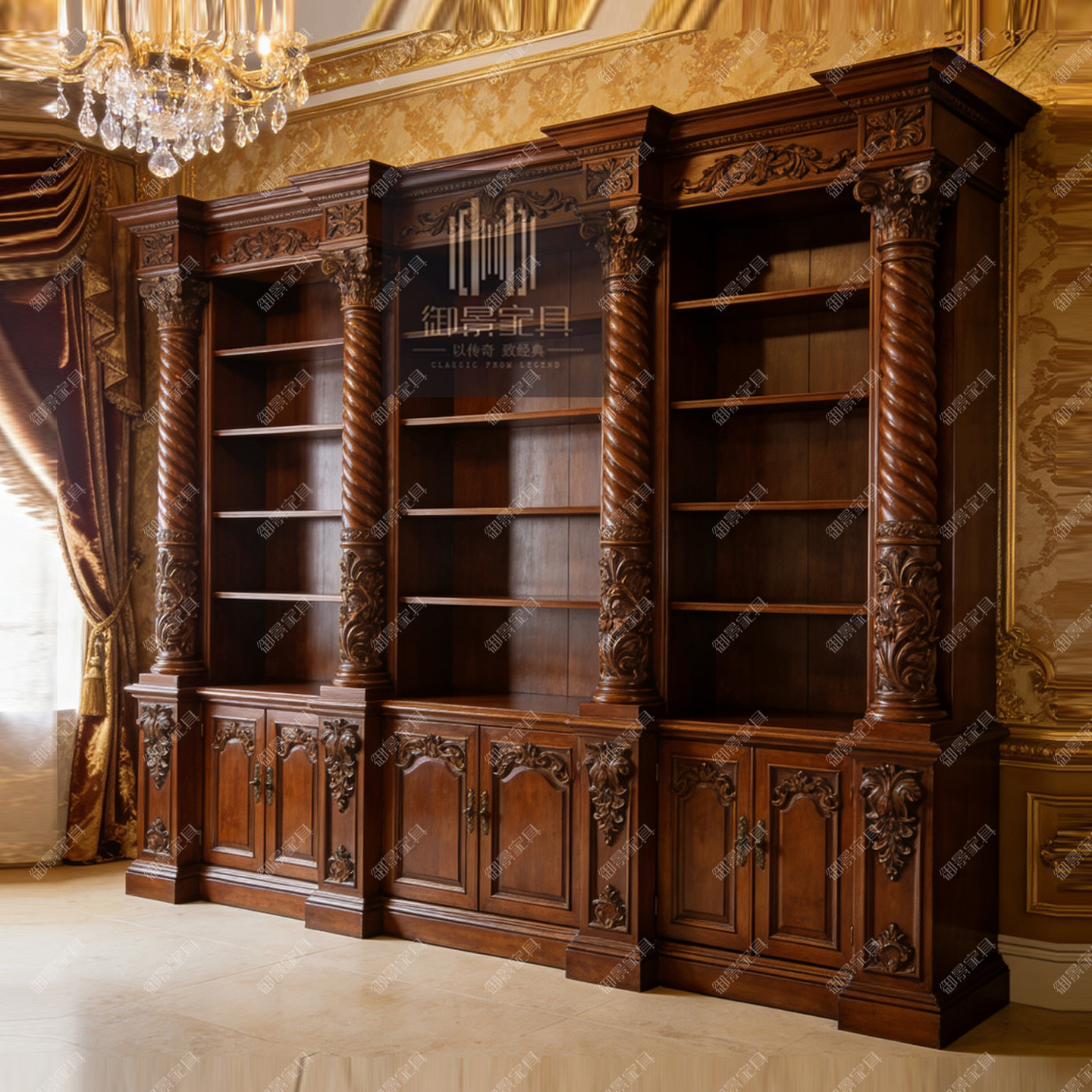 美式实木书柜欧式复古雕花书架组合陈列柜展示柜客厅靠墙一体柜子