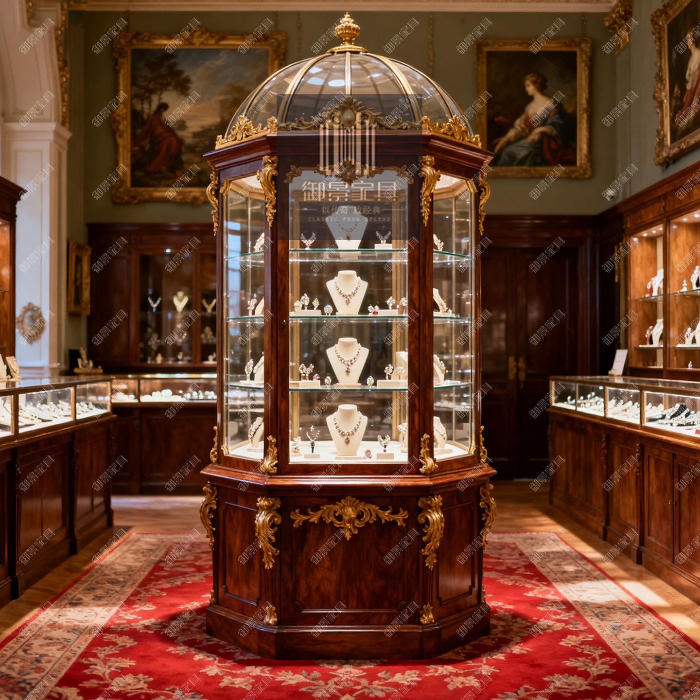 美式多边酒柜欧式复古雕花珠宝首饰古董陶瓷名酒奢侈品展示收纳柜
