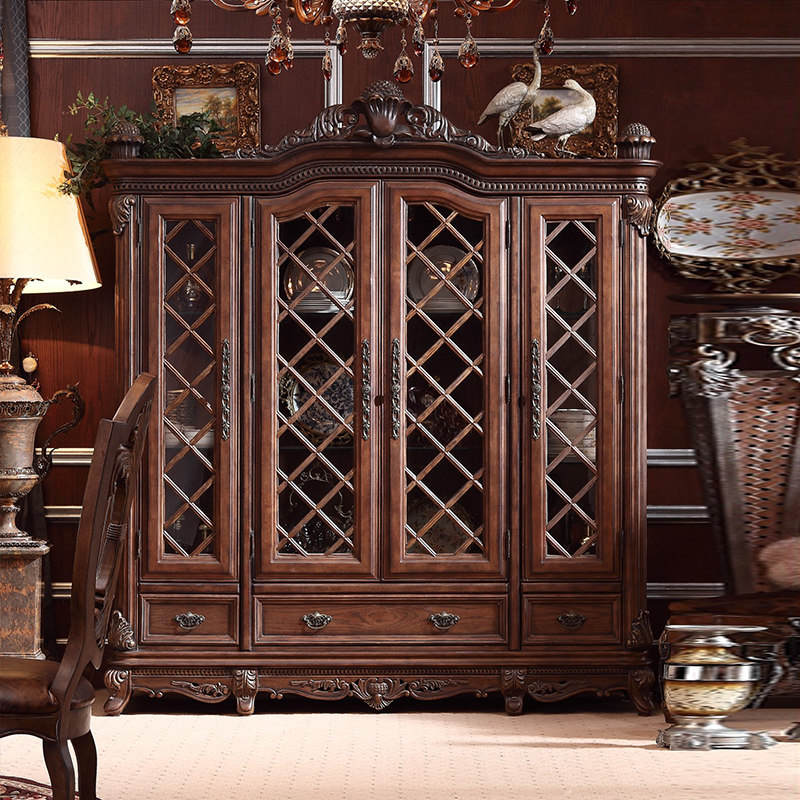 欧式纯实木四门玻璃酒柜靠墙装饰柜展览柜家用做旧饰品柜珠宝柜子