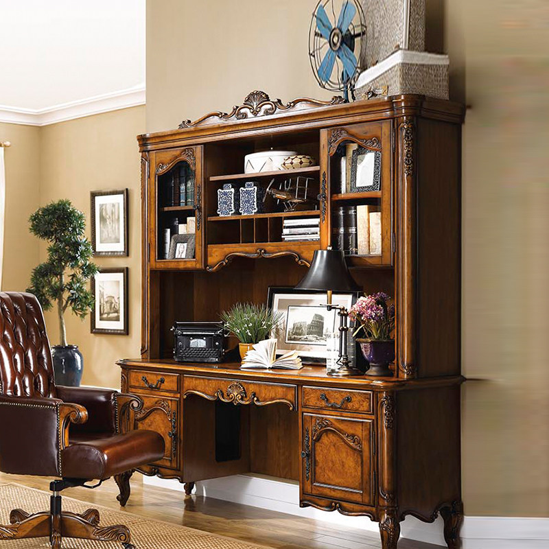 美式乡村书柜家用办公室连体书桌柜成人写字台组合写字楼书橱定制