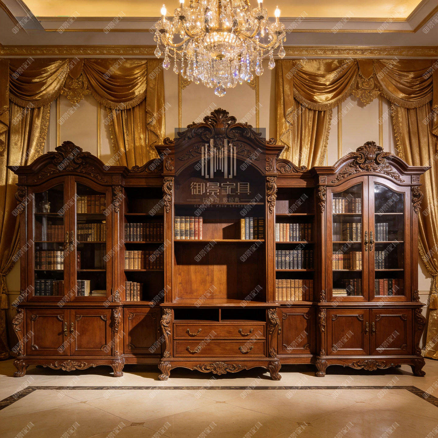 美式奢华书柜欧式复古雕花书架组合储物柜收纳柜客厅靠墙一体柜子