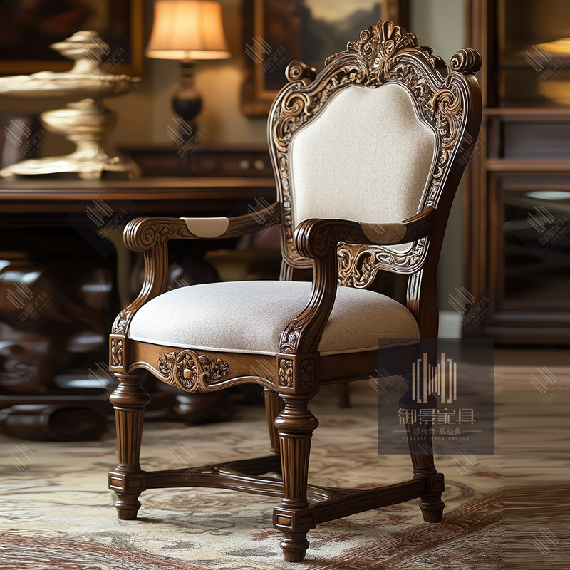 美式实木餐椅欧式复古扶手椅雕花靠背椅酒店餐厅法式布艺椅子