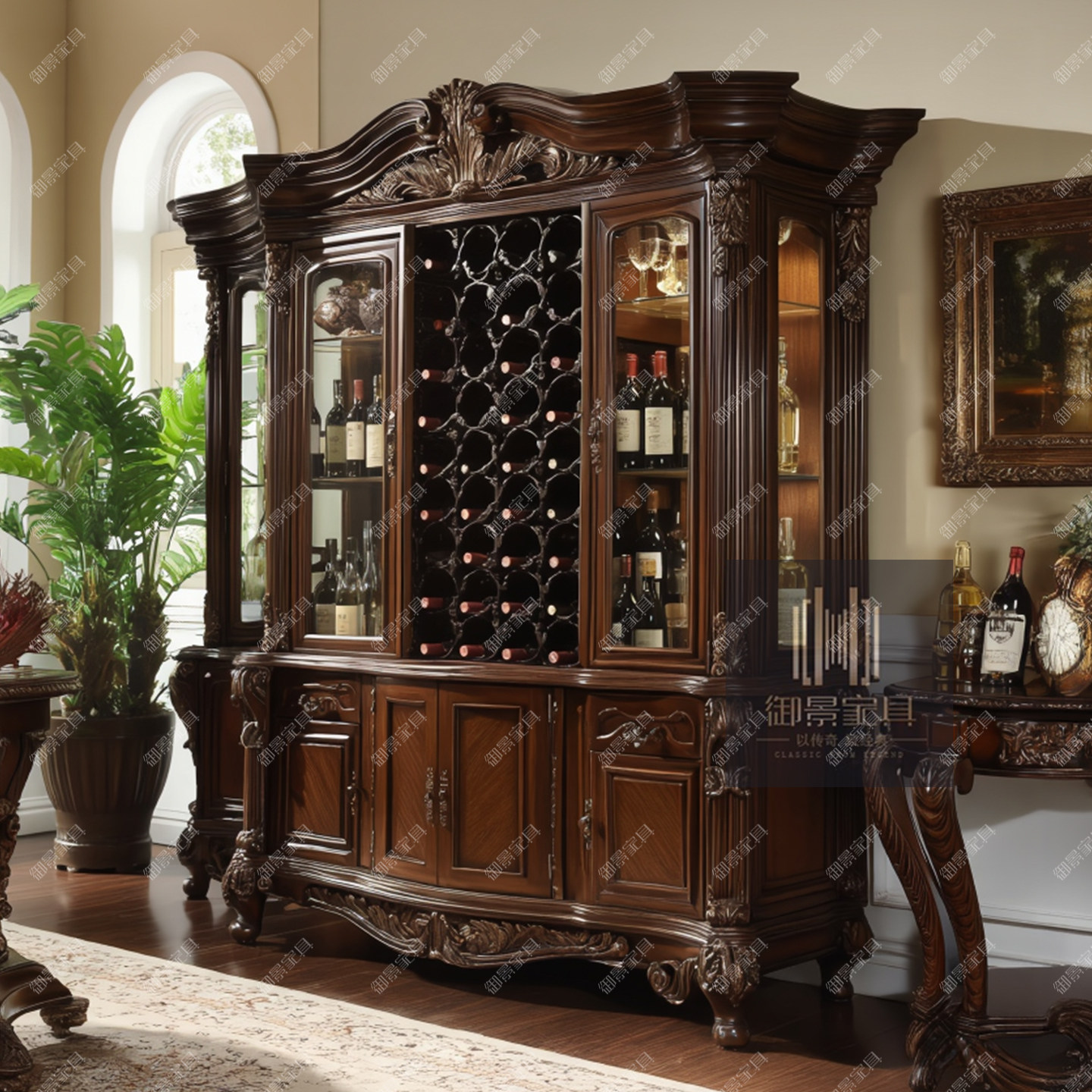 美式实木酒柜欧式古典雕花展示柜客厅装饰柜储物柜餐边柜红酒柜子