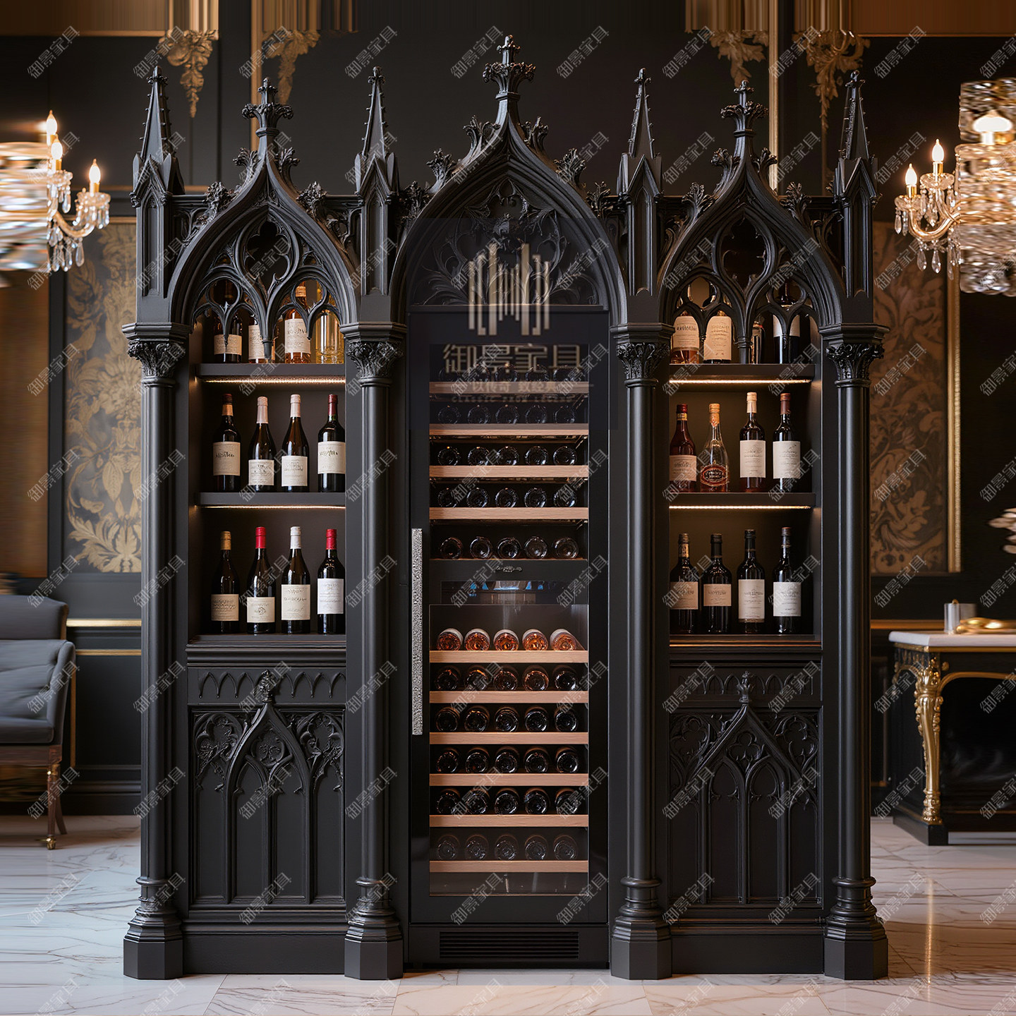 黑色烤漆实木酒柜三门欧式雕花古典展示柜哥特风高档陈列柜饰品柜